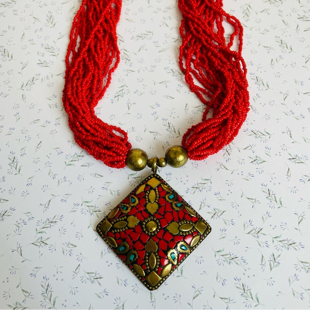 Vintage Red Beaded Statement Necklace with Ornate Mosaic Pendant Brass 19"